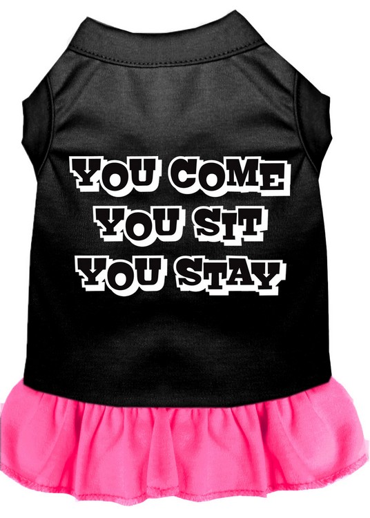 You Come, You Sit, You Stay Screen Print Dress Black with Bright Pink XL